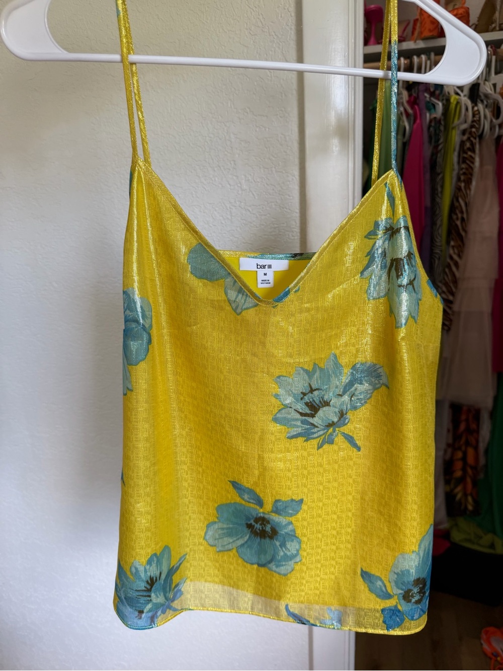 Bar III Yellow Floral Satin Cami with Blue Floral Print